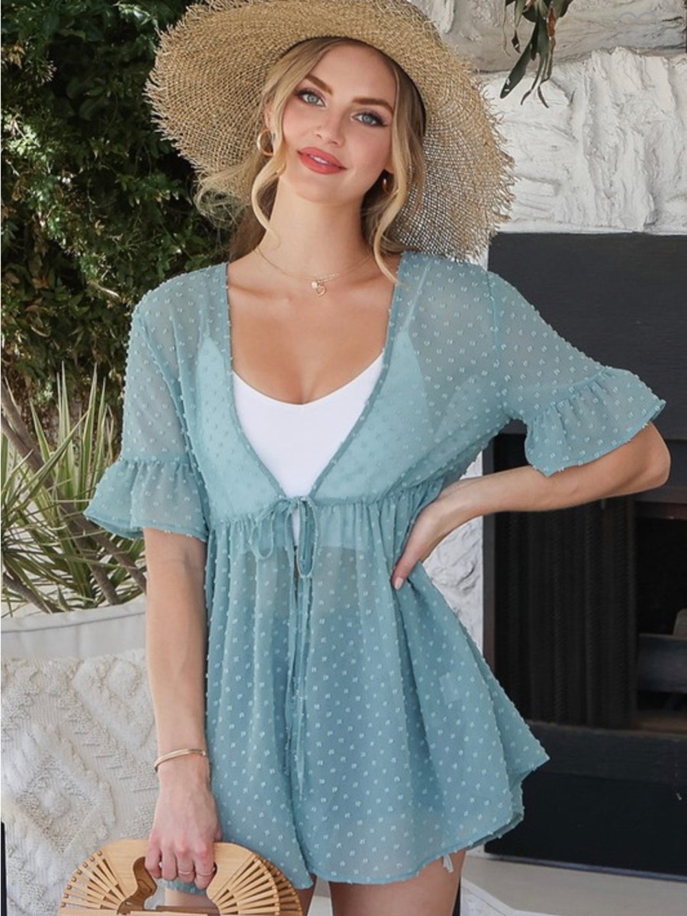 Ninexis Teal Sheer Flutter Sleeves Tie Front Cover Up Size 1X NWT